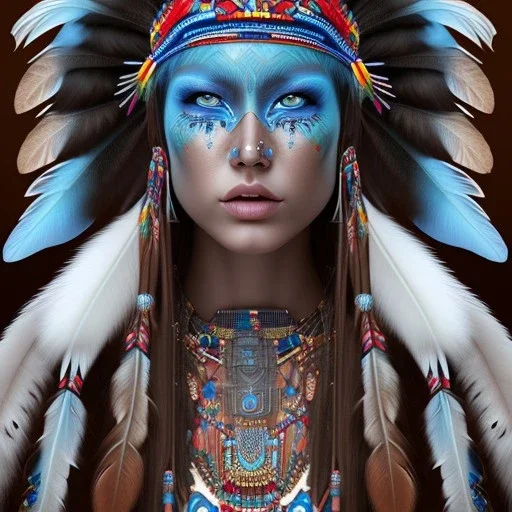 war painted pueblo Indian female,detailed eyes, blue eyes,, disturbed expression.intricate detailethnically accurate face, intricate head dress, detailed make-up, detailed turquoise jewelry, detailed hair, detailed feathers, use dynamic palette, accurate proportions, high contrast black smokey bokeh background.studio ghibli style