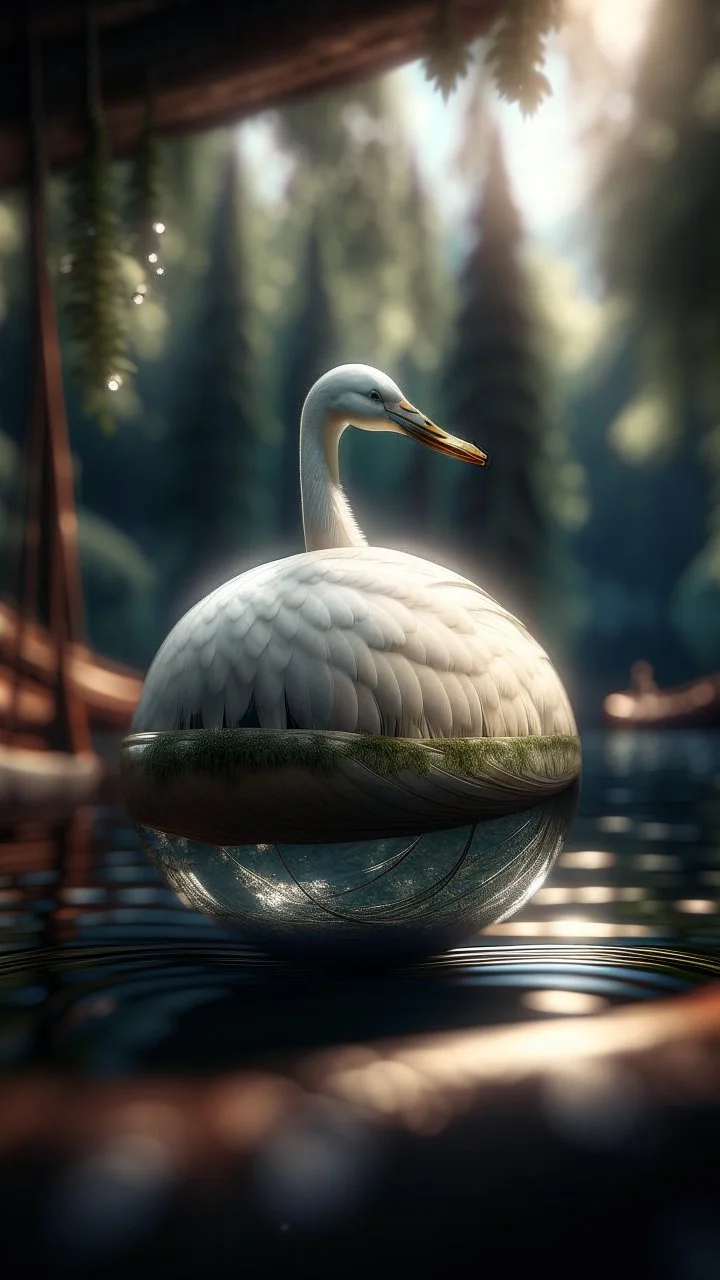 portrait of 4 dimensional swan inside a boat crystal ball hanging from a tree in the mountain , shot on Hasselblad h6d-400c, zeiss prime lens, bokeh like f/0.8, tilt-shift lens 8k, high detail, smooth render, down-light, unreal engine, prize winning