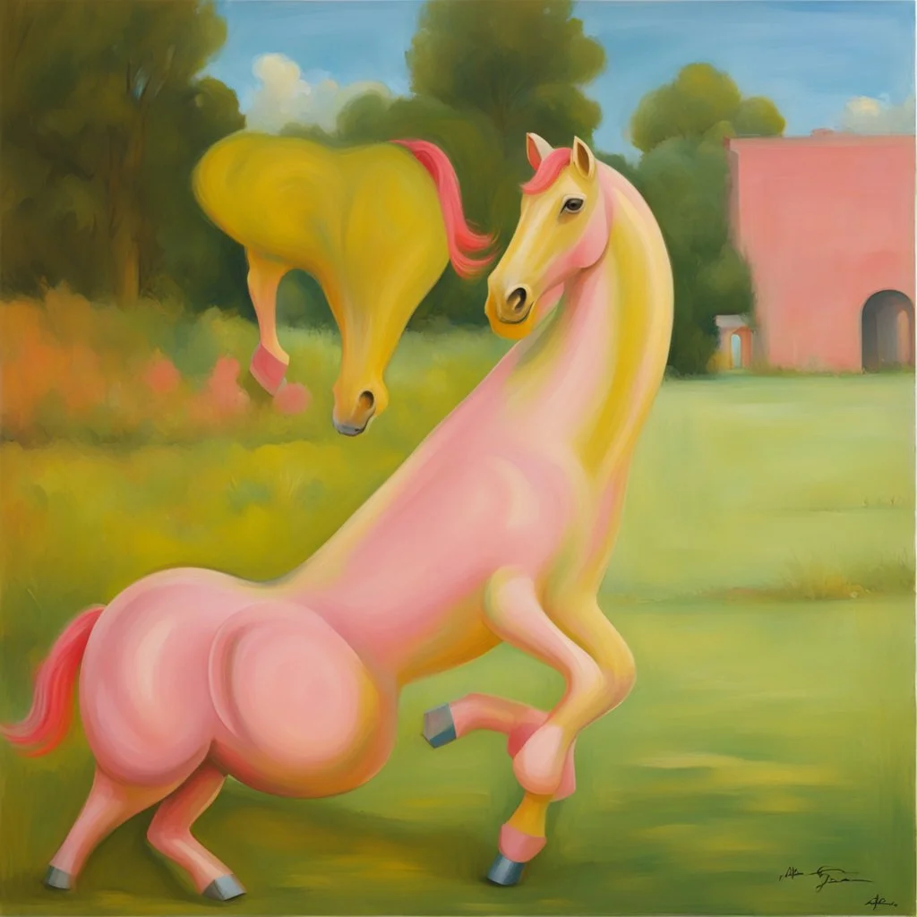 Big pink plastic toy horse.19th painting