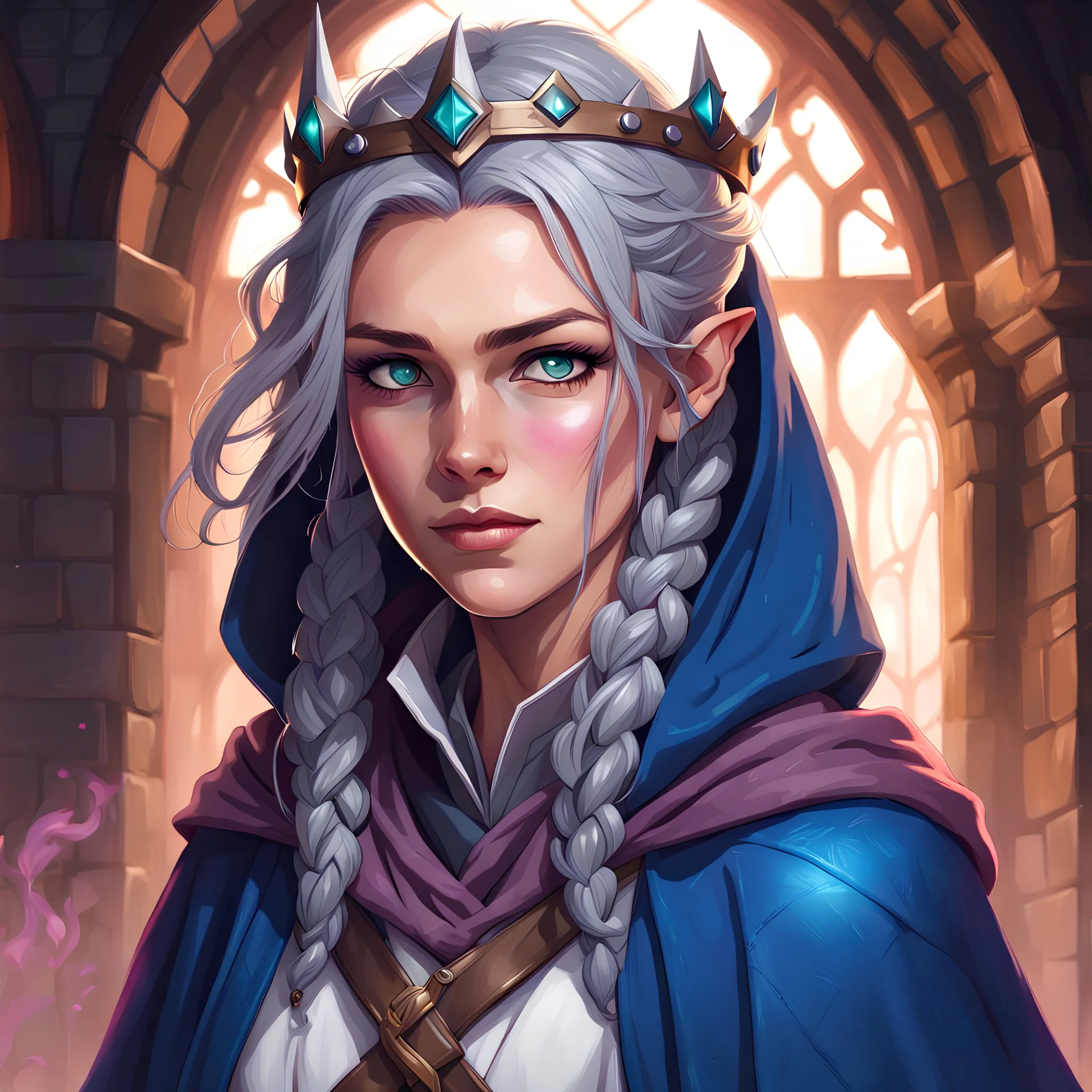 dungeons & dragons; portrait; teenager; headshot; female; sorcerer; magic; gray hair; blue eyes; braid crown; braids; cloak; flowing robes; shy; blushing; school uniform; soft light; hood