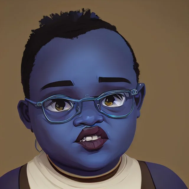 Portrait of a little fat 9 year old African witch kid with bushy hair and glasses and blue eyes by Nick Harris