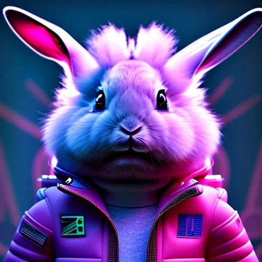 pixar style anamorphic cute cyberpunk rabbit baby, smiling, full body, magenta puffer jacket, manila city backdrop, hyper realistic, unreal engine 5, 16k