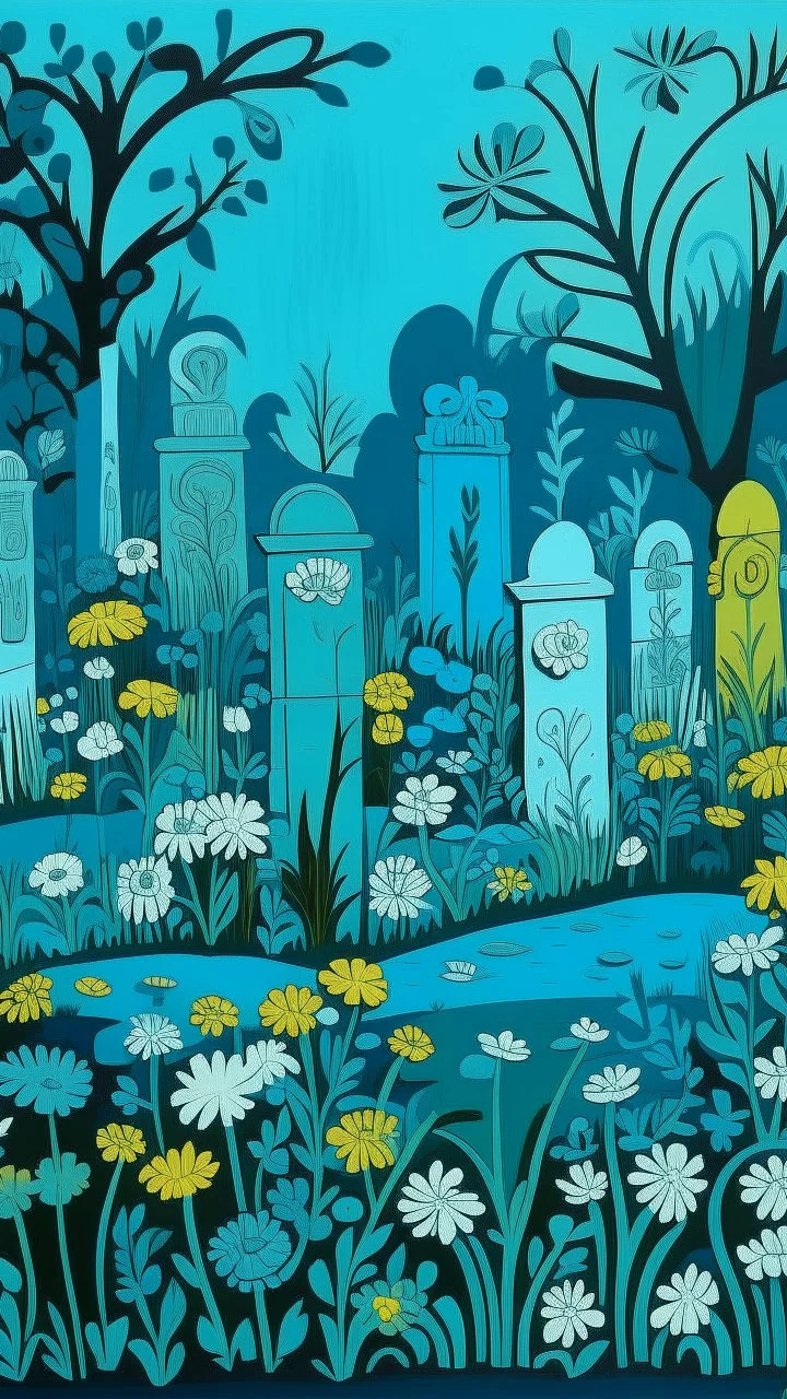 A greenish blue graveyard with flowers designed in Bayeux tapestry painted by Stuart Davis