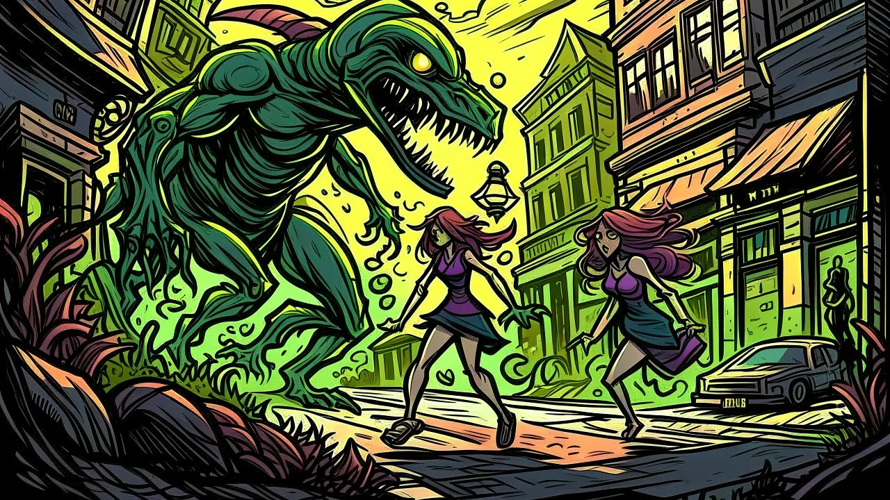 Creatures from 'Fiend without a face' chasing a woman down a street, detailed design, deep colour