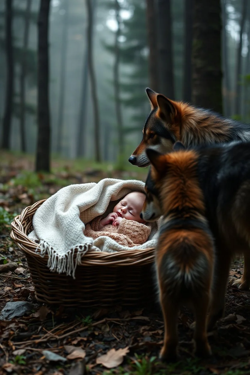 A baby sleeping in a basket covers by a blanket in the middle of a forest . Two wolfs standing by the basket looking at the baby