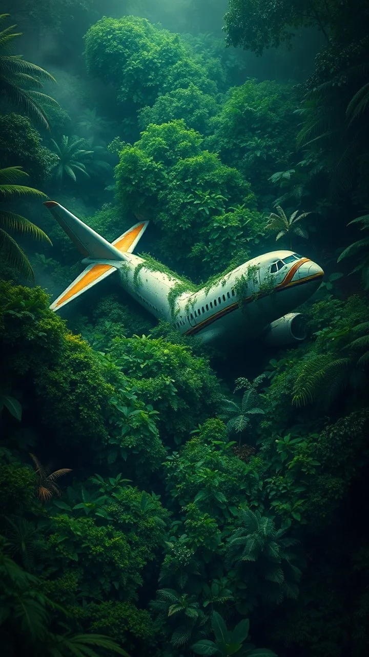 An airplane crashed in the Amazon rainforest , covered with green bushes, Busch painting style nightmare