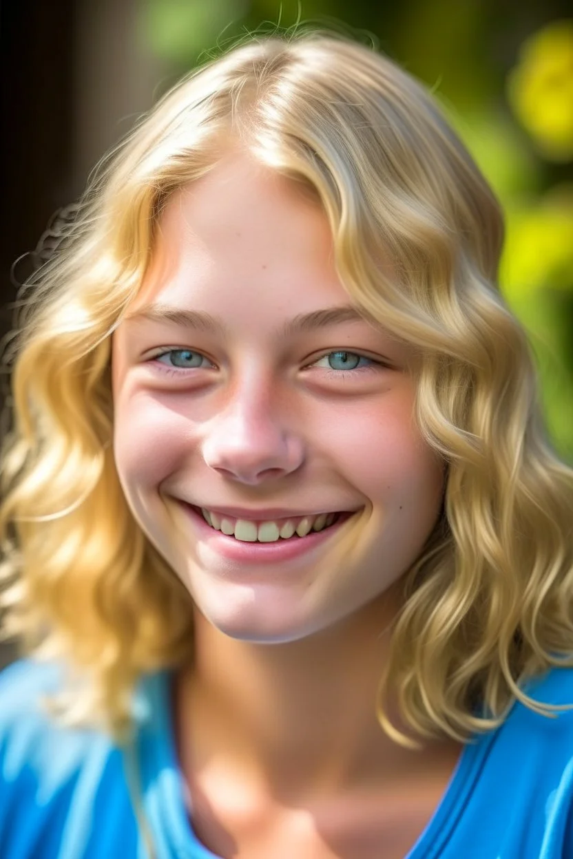 portrait of a 16 year old Californian woman with blond hair, bob cut wavy hair, water blue eyes, smiling