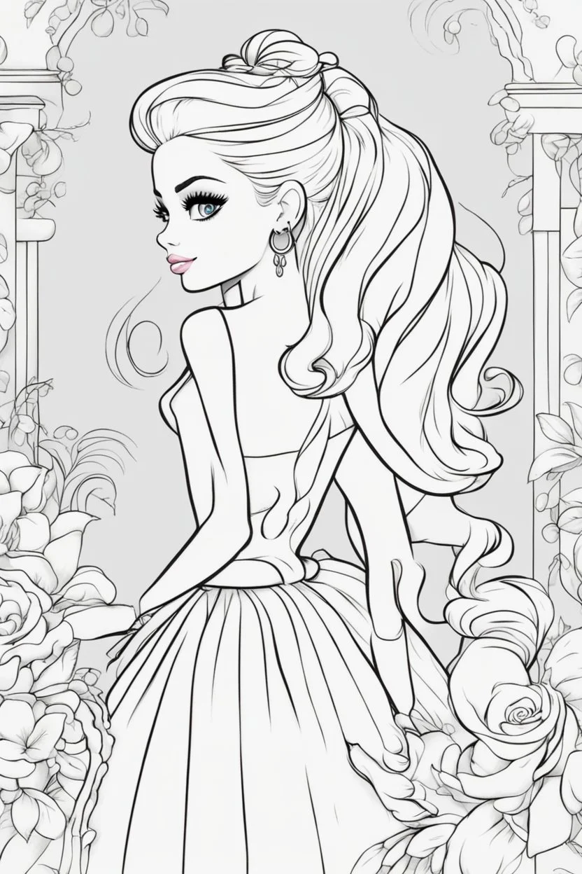 outline art for kids barbie coloring pages with barbie as an artist, no background, sketch style, full body, only use outline, mandala style, clean line art, white background, no shadows and clear and well outlined. should look exactly like barbie