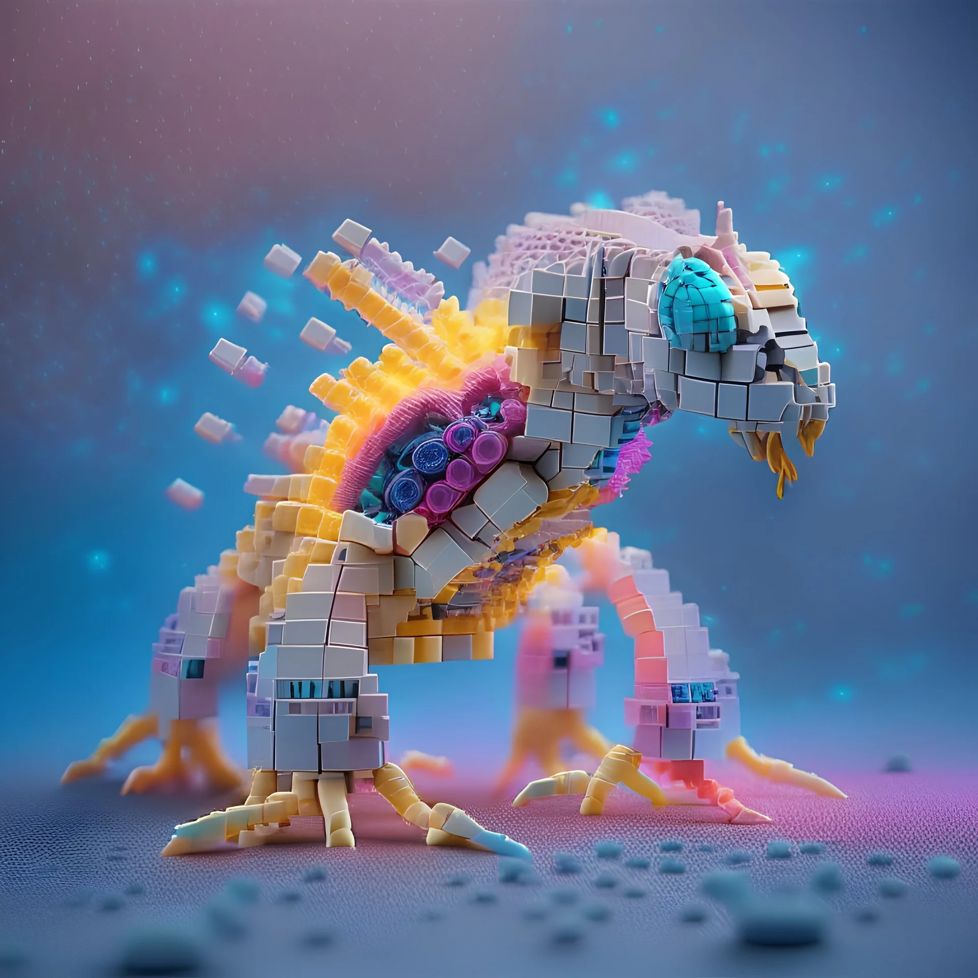 the anatomy of a alien creature made of Lego pieces bricks, soft colors, space, cinematic lights
