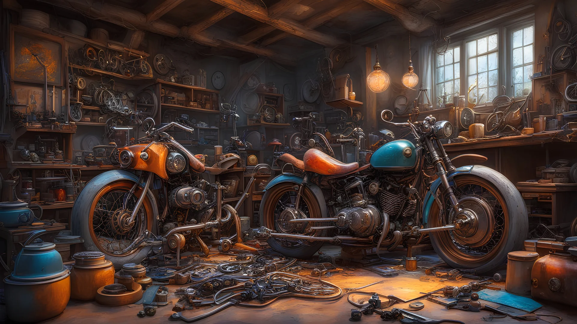 Riparare moto. Emozionante, fantastico e sgangherato laboratorio di fantasia magica, diverse vecchie motociclette colorate smontate per riparazioni, motori, olio, ruote, telaio, ingranaggi, ragnatele, strumenti meccanici colorati e intricati, ingegneria straordinaria, fotografia pluripremiata, estremamente dettagliata, bellissima composizione, capolavoro, fotorealismo , luce volumetrica naturale morbida e perfetta, chiaroscuro, Heath Robinson, Escher, Disney, Pixar