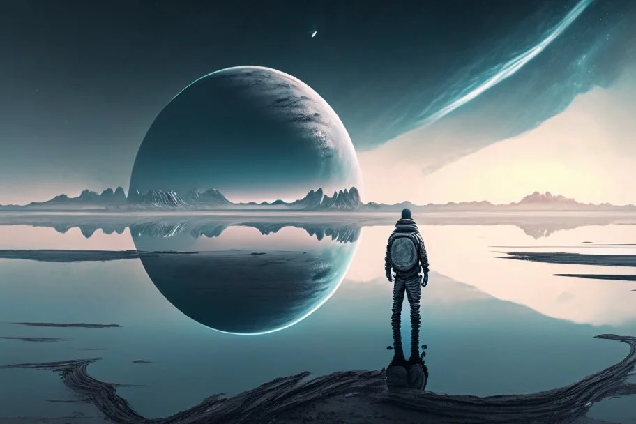 person seeing a grey exoplanet in the horizon, lagoon, sci-fi, very epic