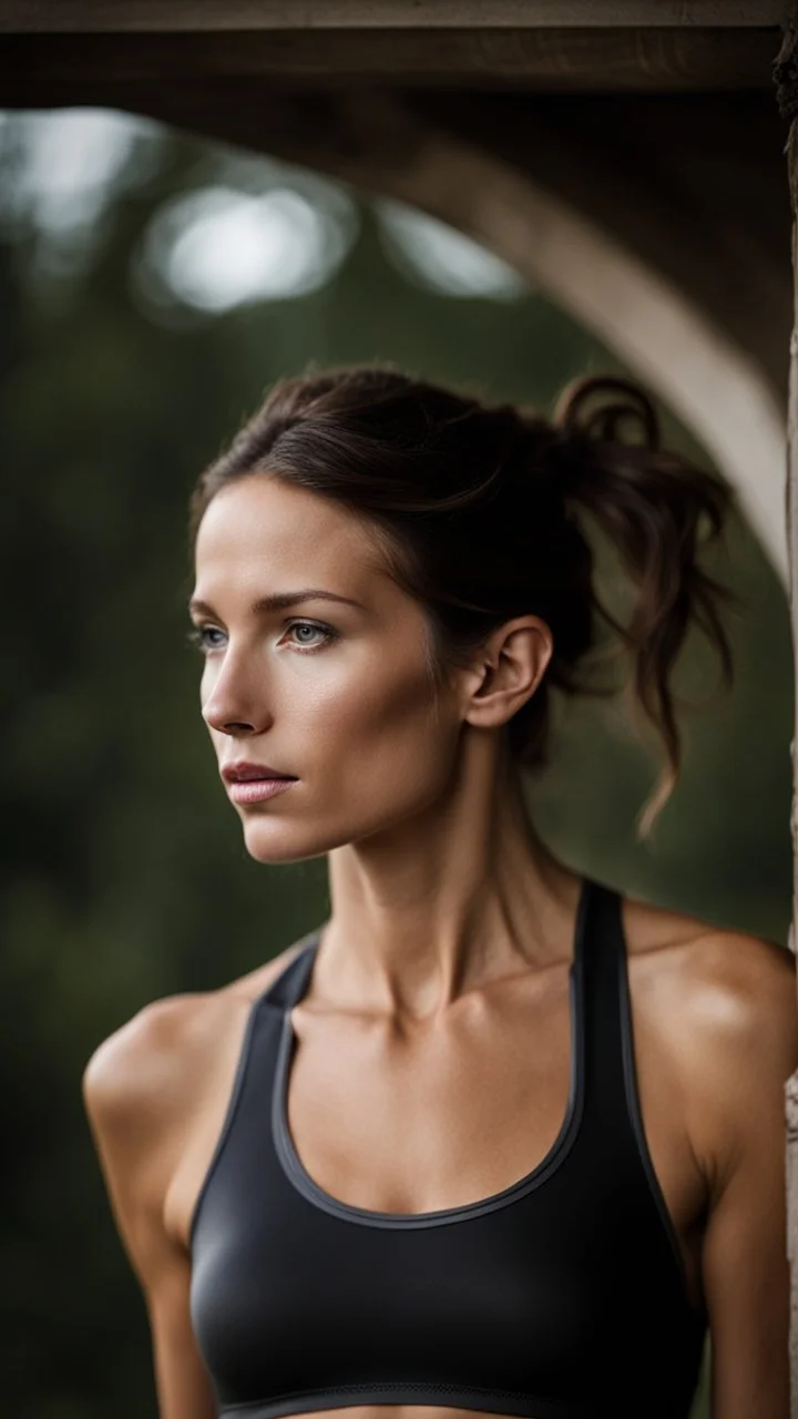 photography of a beautiful anorexic woman, anthracite satin triathlon top, sports illustrated, brunette short wavy bob haircut, pronounced sternum, flat chest, anthracite short leggins