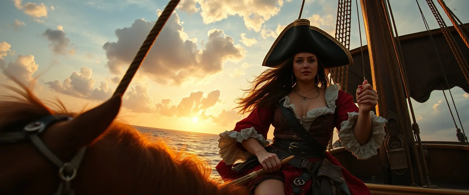 pin hole cam, master oil painting by Rembrandt, good afternoon scary hot seductive piratress merchant swashbuckler on stallion on ship