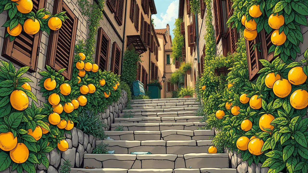 comic art graphic novel art, comic illustration, highly detailed A city with wooden shutters closed, surrounded by vibrant golden fruits like oranges and lemons, as well as lush green herbs growing abundantly on both sides of stone stairs that ascend and descend in the foreground.