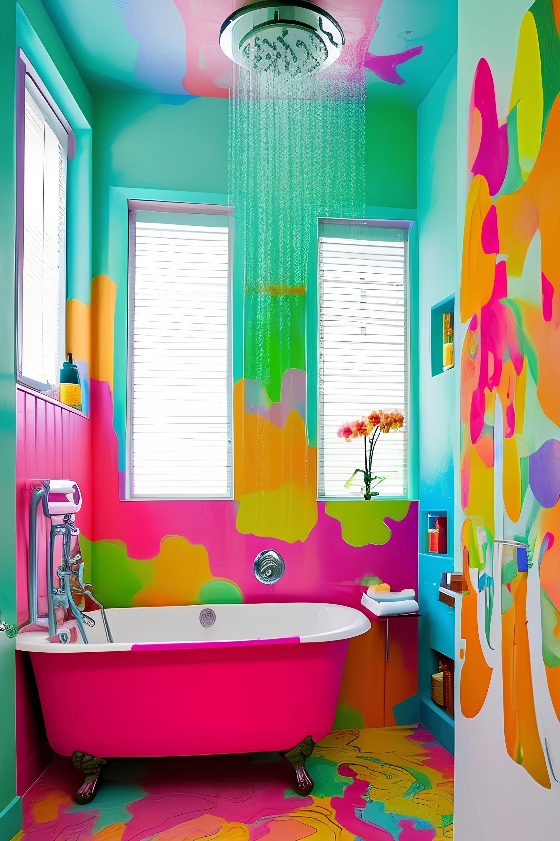 a vibrant bathroom with colors popping and a bathtub on the left corner with a showerhead on top