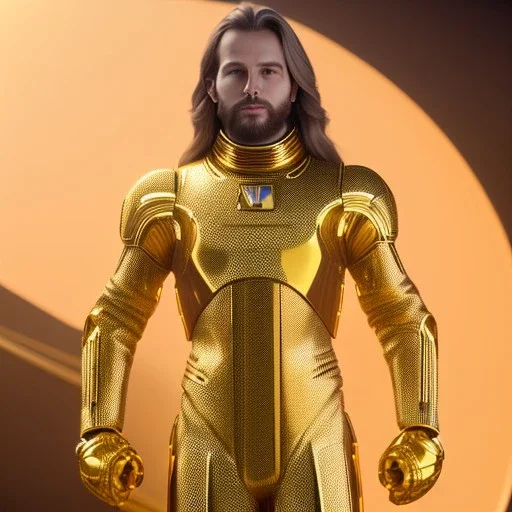 beautiful cosmic golden male, long hair, nice smiling, delicate colors, beautiful glamour galactic golden dress, ultra sharp focus, 8k, unreal engine 5, extremely sharp detail, light effect, soft light atmosphere of a spaceship, smooth, full of details, face in front, complete vision of face and body