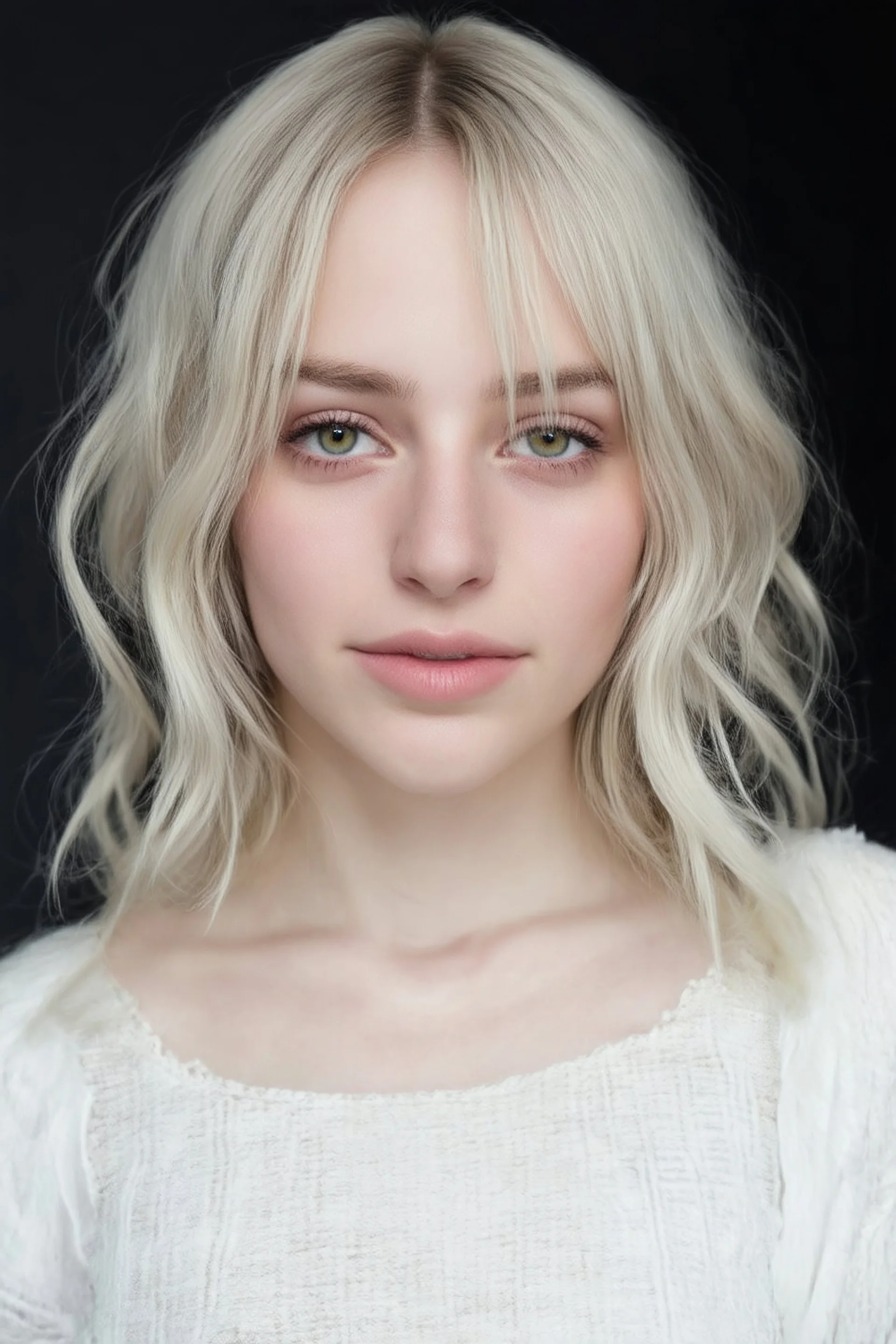 Billie Eilish, 14-year-old American actress, photorealistic 4K, cinematic lighting, heart-shaped face, porcelain fair skin with warm undertones, high cheekbones, soft peach blush, large almond hazel eyes flecked with green and amber, long curled lashes, soft arched brows, straight narrow nose with rounded tip, full lips with defined cupid’s bow, long, bleach-blonde hair with bangs mid-back length, voluminous waves, deep side part, slender hourglass frame