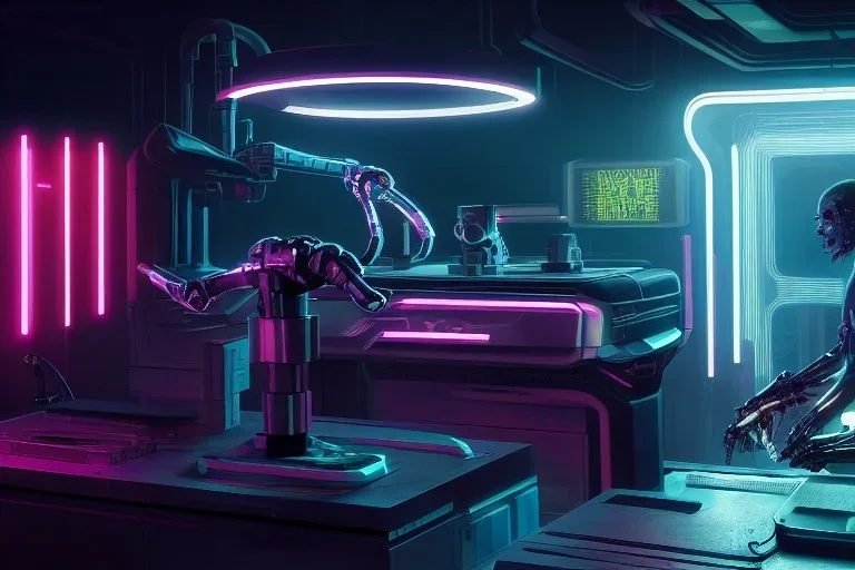 ( cyberpunk 2077, bladerunner 2049 ), a complex thick bifurcated robotic cnc surgical arm cybernetic symbiosis hybrid mri 3d printer machine making a bio chemical lab, art by artgerm and greg rutkowski and alphonse mucha, biomechanical, lens orbs, global illumination, lounge, architectural, f 32