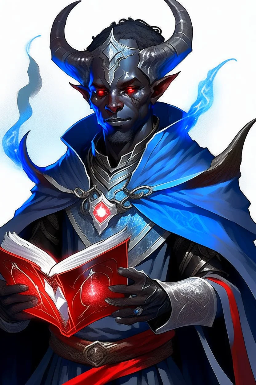 En Young male black skin tiefling fra dnd holding a book with Arcane Magic in a silver and White Rope and a silver cloak. His horn a perfectly place on acet from the front to the back pointing upwards with glowing Red cat Eyes glowing Blue Arcane Magic around them ice crystals flowing around him. His close is elegant get simple. A ad