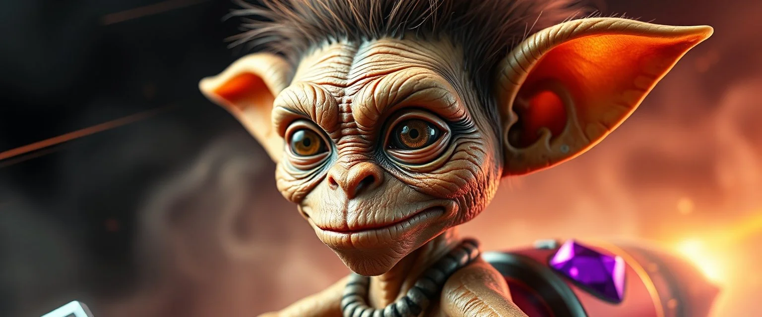 close up portrait with fine pores and real skin texture, clear transparent skin, wise eyes, hairy macho disco gremlin kiwi alien pimp indian Homunculus – living in a hi tech marvellous hot dog art graphics and gems on rocket with a mounted sling shot mega harpoon, heading for venus , background motion blur and smoke swirls