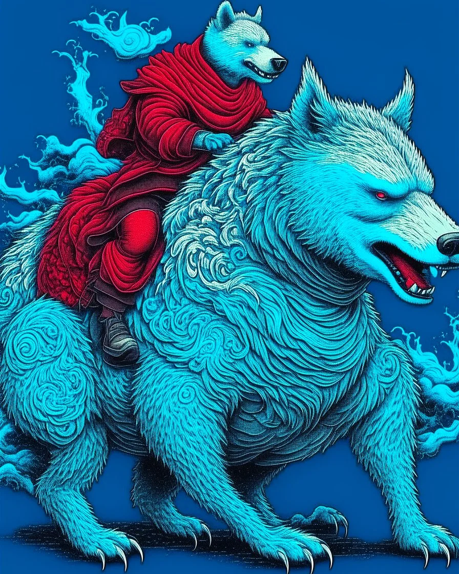 Wolf antropomorfico montado un oso gigante, arte lineal colores rojo, plateado, azul y blanco, maximalista, hiperdetallado