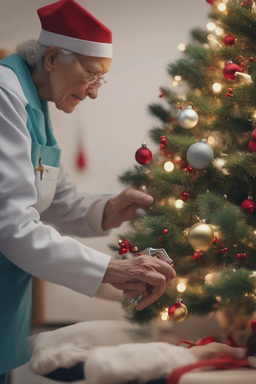 A heartwarming close-up photo of a nurse helping an elderly person decorate a Christmas tree. Intricate details, 4k, realistic