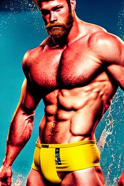Ignore NSFW, teenager young rugged attractive slightly muscular fantasticly handsome blonde man, red briefs with yellow belt, hairy chest, (((visibly pisssing))) briefs, large erect visible boner peniss, photorealistic, artist Jay Anacleto, soft lighting, scruffy beard