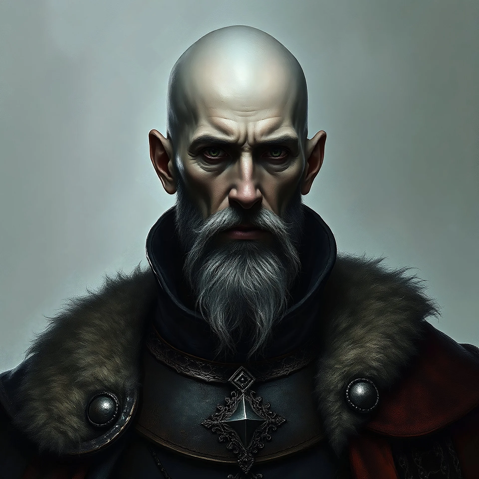 A bald greyskinned noble with a renaissance coat fantasy grimdark realistic