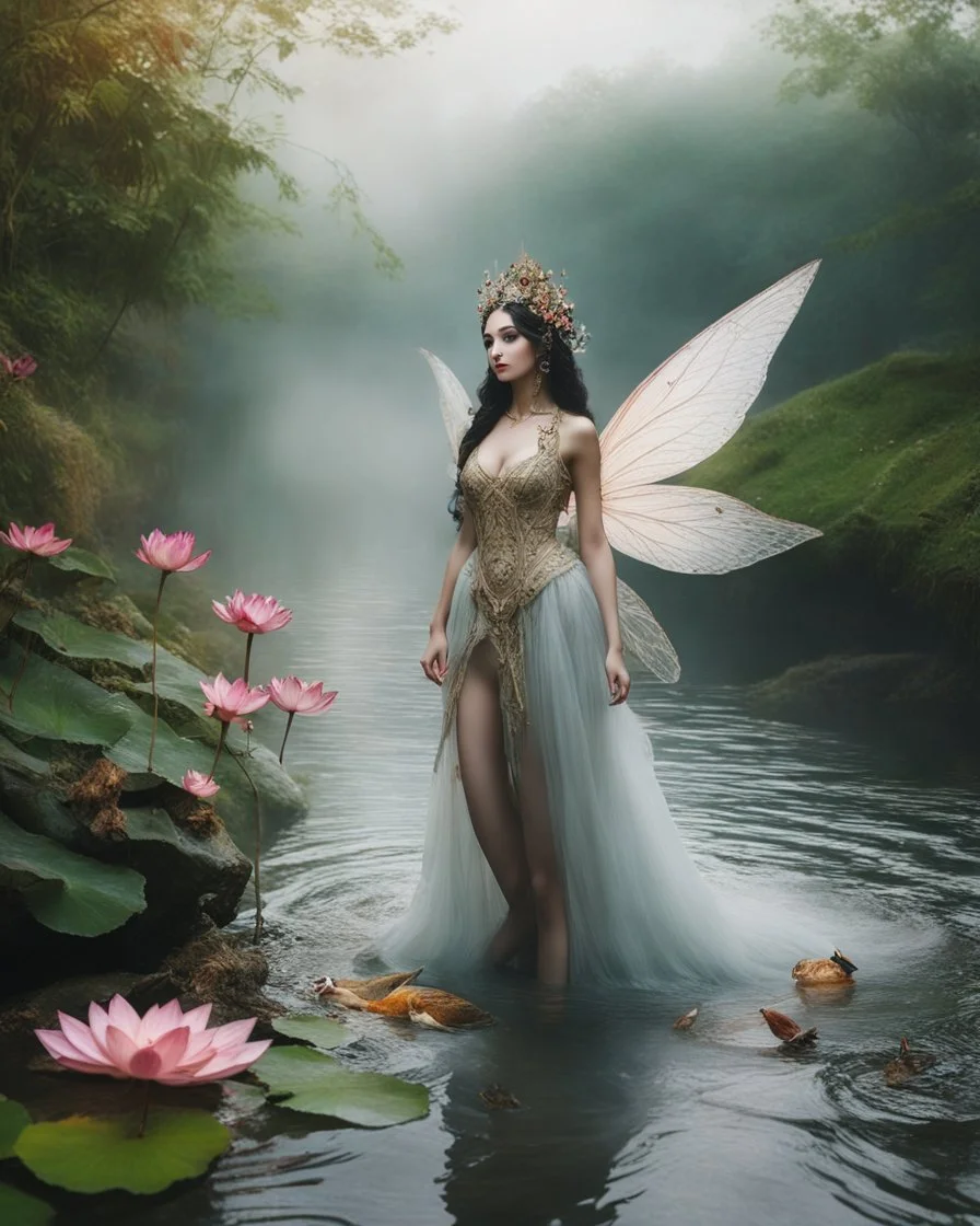 🍂 🌱🌹 full length image photography gtbeautiful humanoid Fairy Queen roots lotus flowers leaves plenty,fullbody pretty fairy lady drown into the river swim on swampriver and the wonderful river sorrounded birds and flowers, morning heavy fog and smokes background,realistic potrait photoshoot experiences photographer