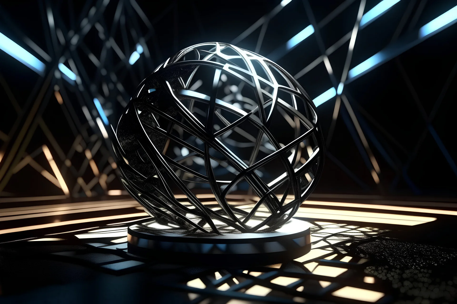 hyper crazy aluminum diorama art of the crème white ball squares circles triangles glowing lines motion blur depth of field dark metallic colors bright light from the left back front