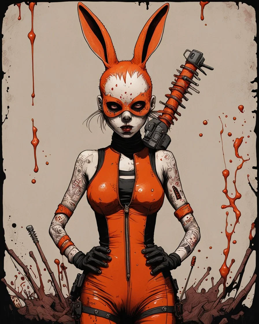 Tank girl, rabbit mask, orange and black short hair, latex suit, highly detailed, fullbody, splashes blood, behind guts rising from the ground, papercut illustration by <John Kenn Mortensen>, darkred tones,