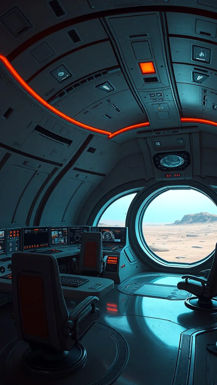 A spectacular interior inside a ufo spaceship with a control center by an Alia’s with futuristic architecture on the planet Mars, using the Dune color palette, Photo realistic