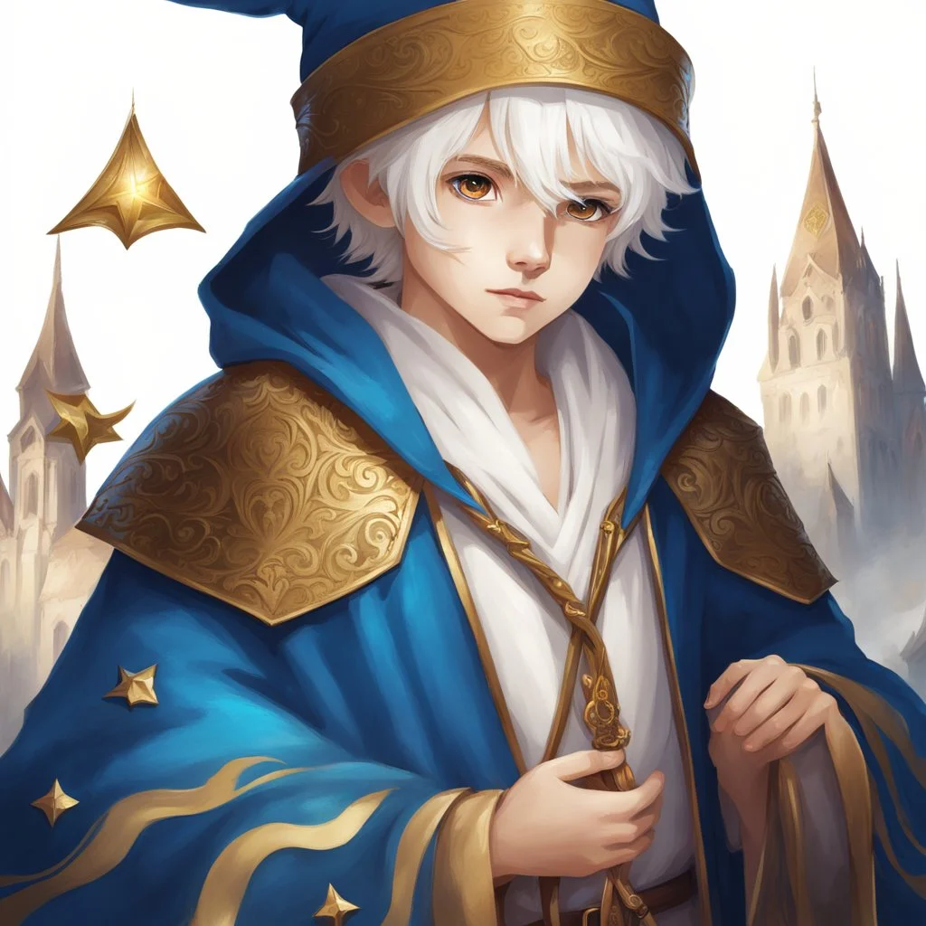 Fantasy World, A boy only wearing a closed wizards robe, and wearing a wizards hat. White Hair. Golden Eyes.