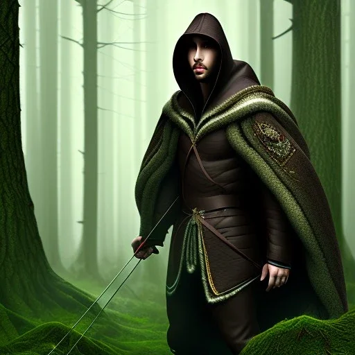 Male, Dark hair, Digital Art, Archer, Hooded Cloak, Dark Forrest background