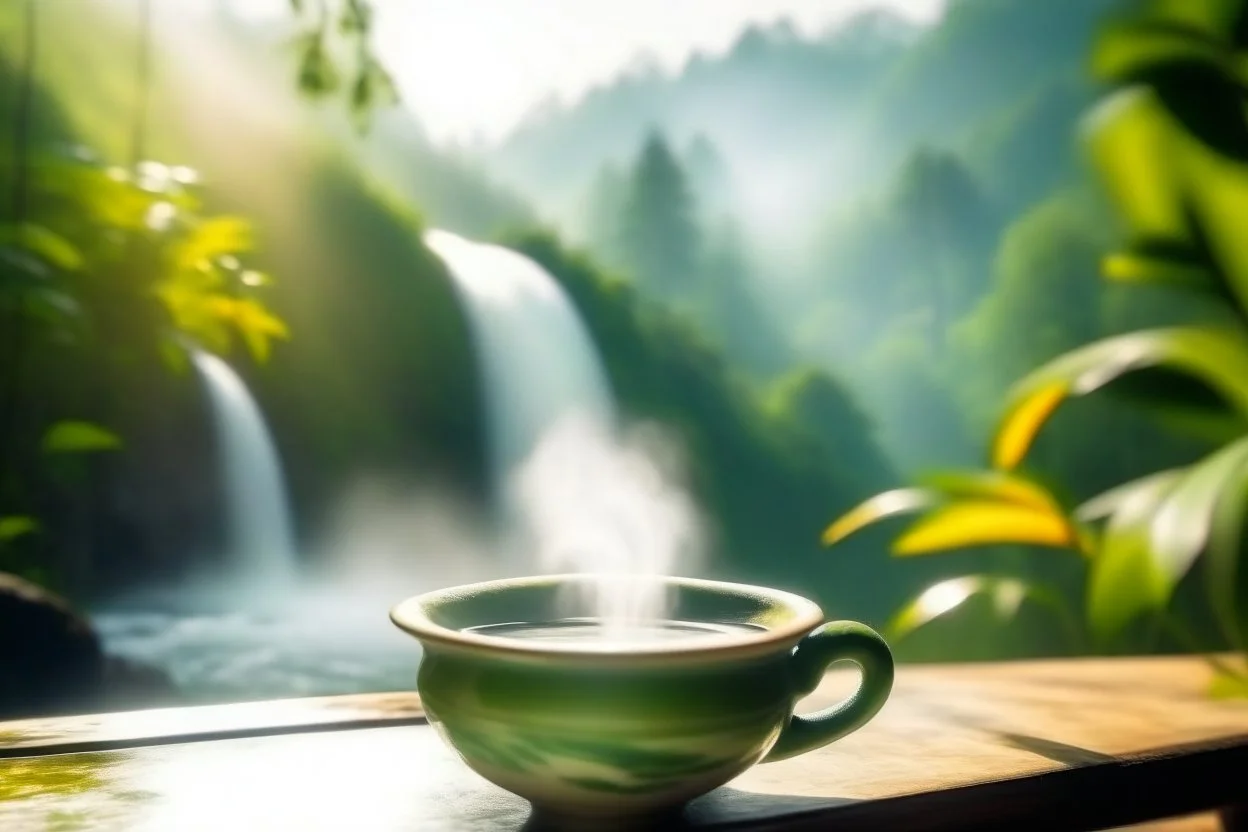 steaming tea in a beautiful china cup on a wooden table, rainforest and a waterfall in the distance in sunshine, ethereal, cinematic postprocessing, bokeh, dof