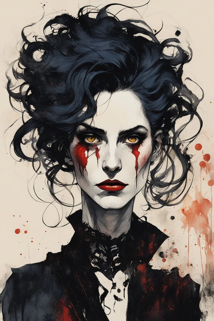 Portrait of a Goth vampire girl, with highly detailed hair and facial features in the Expressionist style of Egon Schiele, Oskar Kokoschka, and Franz Marc, with fine ink outlining in the comic book style of Bill Sienkiewicz