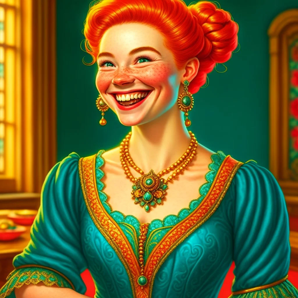 a young noble woman, red hair bun, smiling, joyful, happy to see us, wearing a turquoise embroidered gown with perls, renaissance era, in a ballroom, highly detailed, illustration, character art