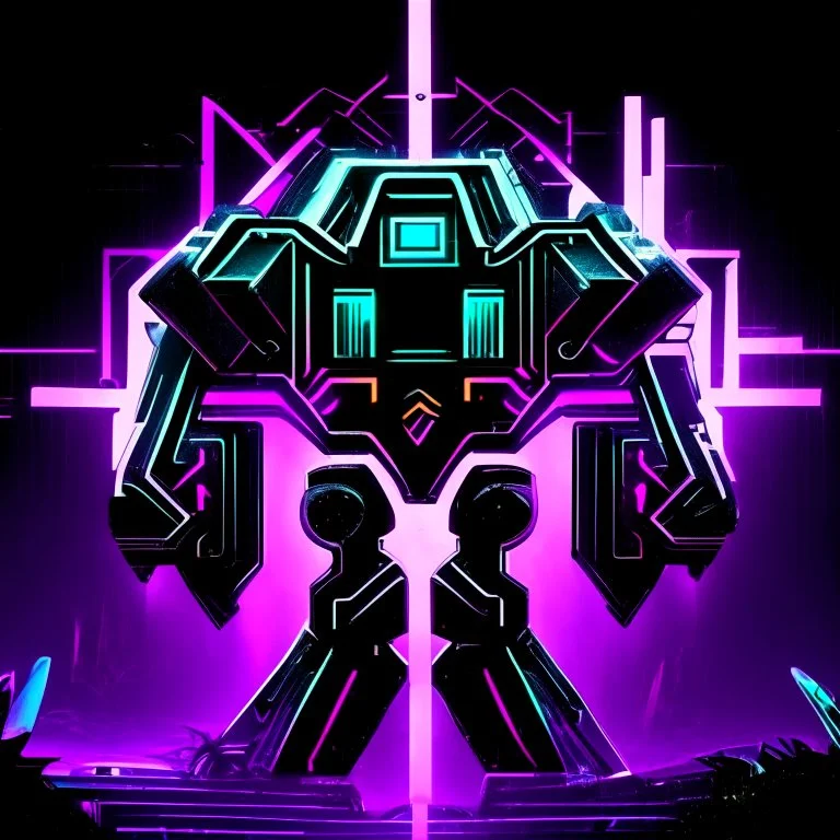 black and purple neon geometric robot with a plus sign symbol for the 'eye' in a black monochrome world