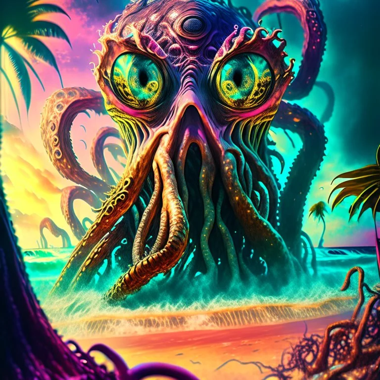 Monster from the ocean floor octopus tentacles big eye woman in distress Beach Palm trees 1950s vintage film poster Modifiers: digital painting sharp focus fantasy intricate 8k cinematic lighting dynamic lighting award winning fantastic view close up 4K 3D Unreal Engine colourful cinematic postprocessing VRay Landscape Ultra realistic Iridescent salvator dali Craig Rutkowski