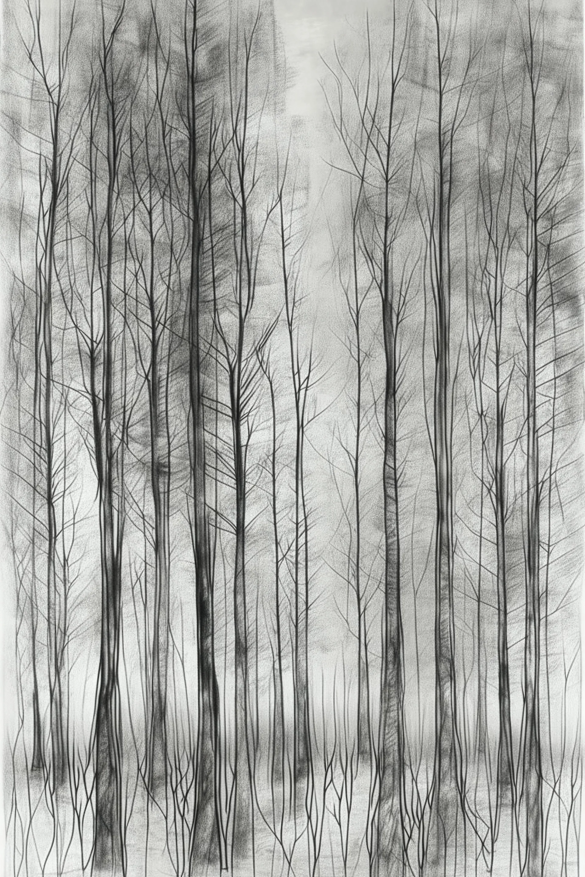 Minimalist rough abstract dusty Charcoal drawing of trees on a textured gesso background.