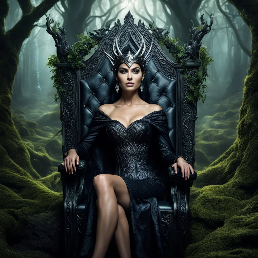 Morena Baccarin as a beautiful sexy dark elf queen seated elegantly on a throne in a mystical forest, dark celtic vignette frame, photo-realistic, cinematic lighting, award-winning photography