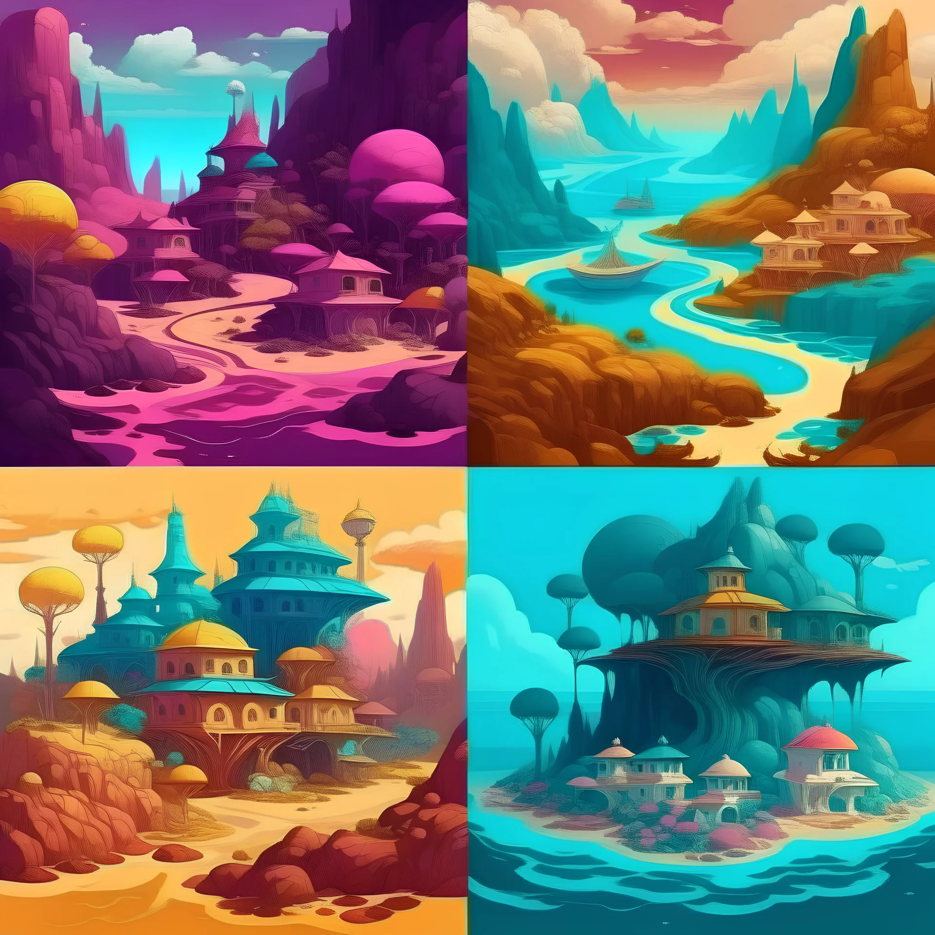 COLOR PALETTE for Dreamscape: Design surreal landscapes or dreamscapes filled with surreal elements like floating islands, surreal creatures, and unusual architecture.