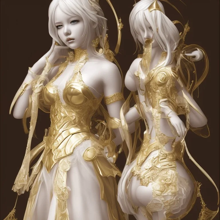 hitomi tanaka, white dress, highly realistic, highly detailed, golden statue,