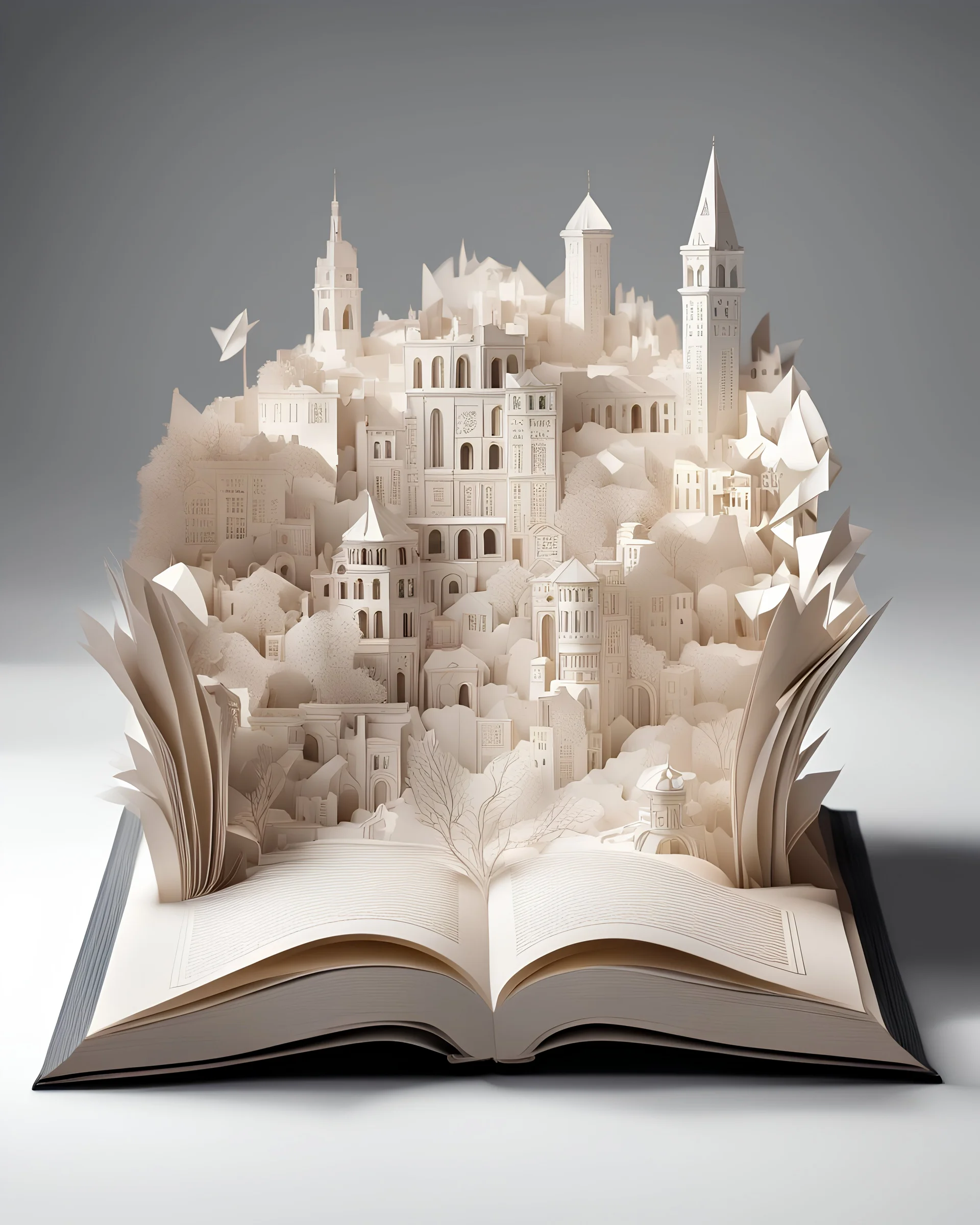 a beautifully ornated fairytale book open in half, from the center pages appears a pop-up origami that represents the city of Macerata in italy; Papercraft, fairytale, children popup book, soft shadows, ambient occlusion, studio lighting, high quality studio advertising photography, 8k, white paper, white background, monochromatic