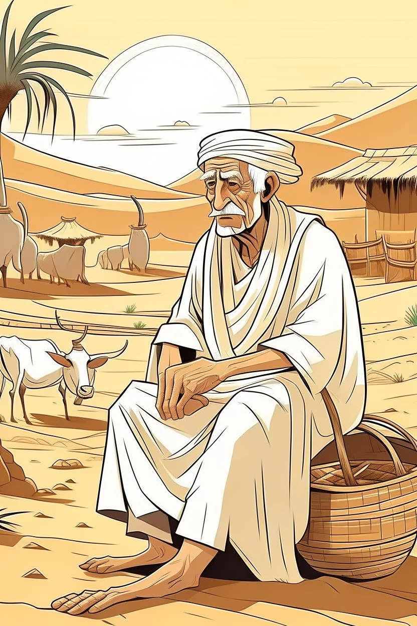 Old man, Arab, turban, white clothes, cattle, desert, council, sun, palm trees, mud houses, holding a stick, looking forward, a very slight smile.cartoon,Sitting on a chair