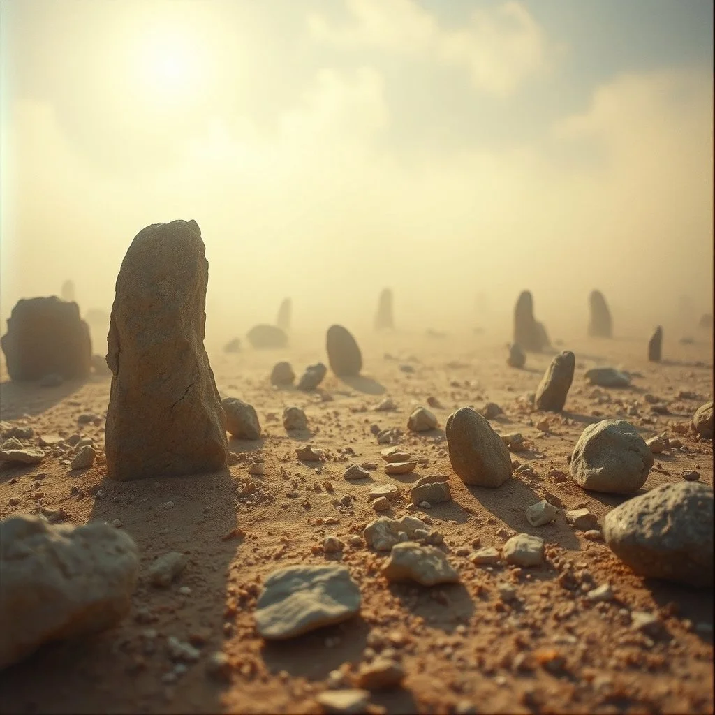 A striking quality close-up Kodak photograph captures a wasteland with odd stones, odd spindle-shaped objects, spooky, creepy, details of the dust very accentuated, glossy, organic, adorned with minerals and rocks, fog. Bathed in feeble light, eerie, Max Ernst style, sun, fog, volumetric light