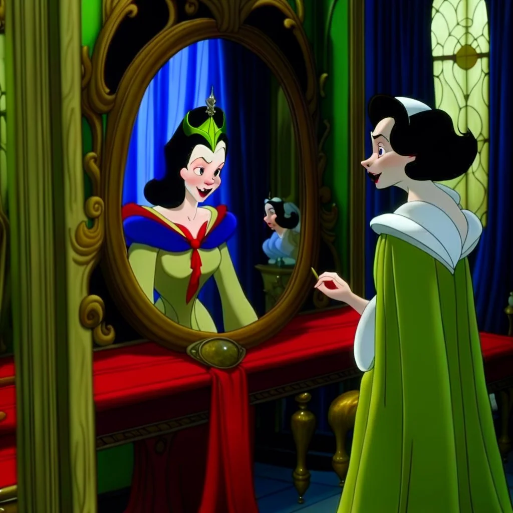 Snow White's stepmother stands in front of the mirror and asks a mirror, a mirror on the wall, who is the most beautiful of them all? From the mirror she sees a picture of an ugly and disgusting witch