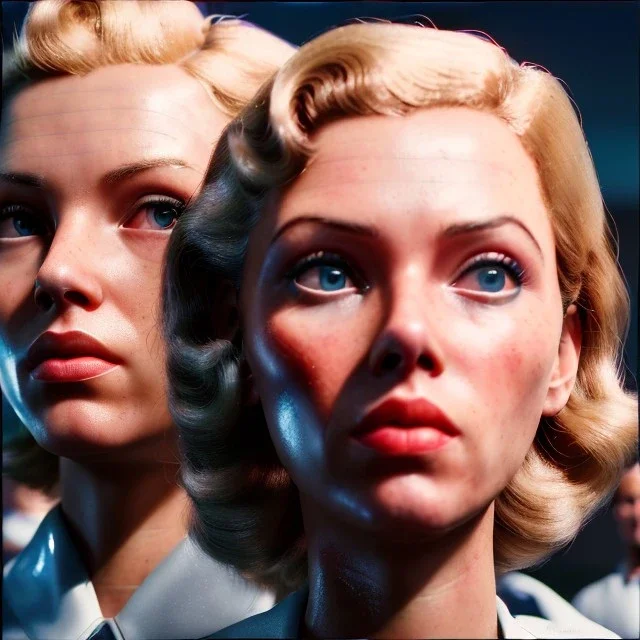 Ultra Realistic retro sci-fi movie Supermarket parking people scene, 1960 year, waist up view portrait, 2 clones blonde women, sweet scarlet Johansson face, perfect iris, glow eyes, face makeup, tight latex coat. many people looking, Retro sci-fi style, soft color, highly detailed, unreal engine 5, ray tracing, RTX, lumen lighting, ultra detail, volumetric lighting, 3d, finely drawn, high definition, high resolution.