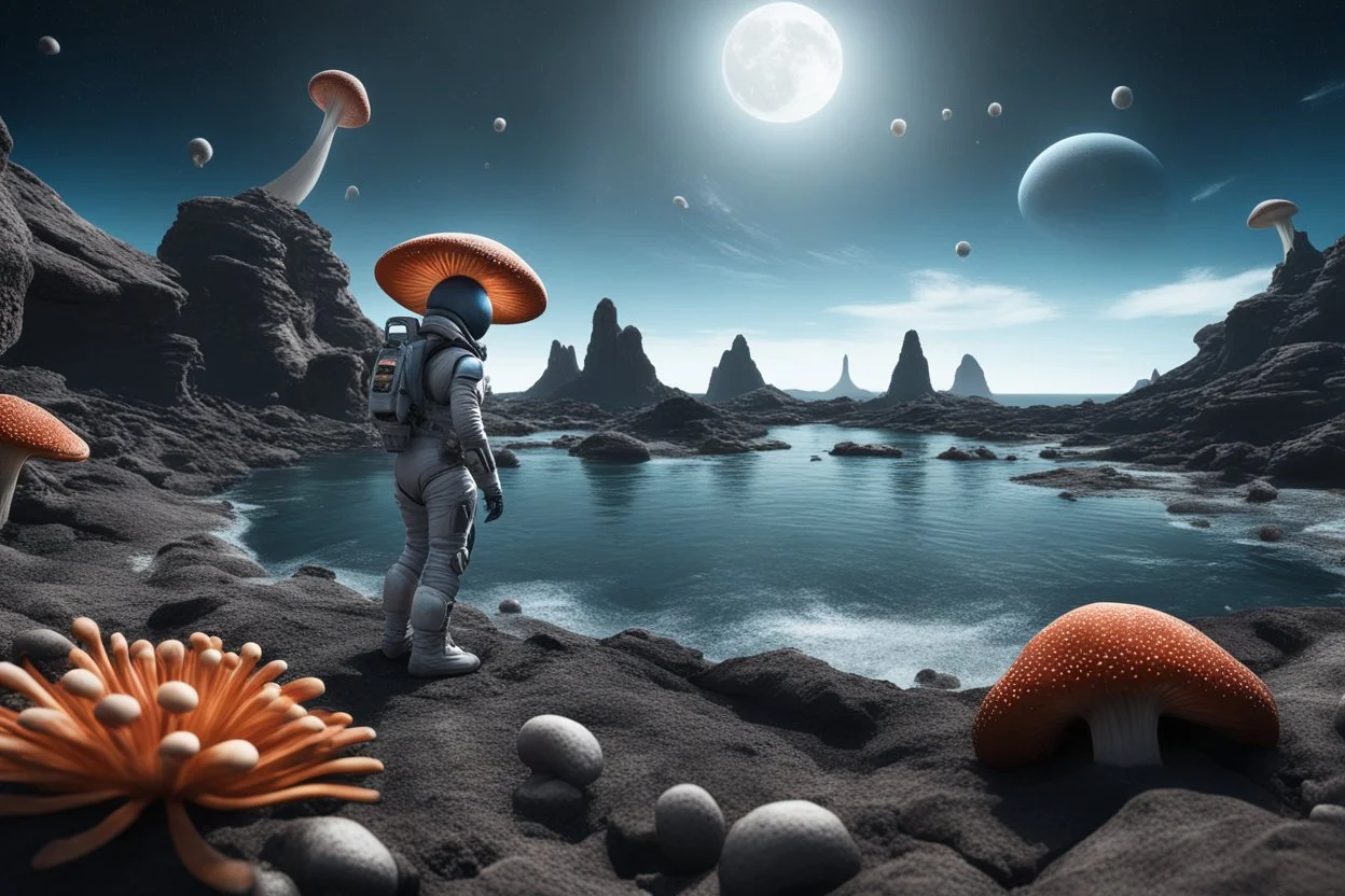 A hyper-realistic 16K 3D photograph of an alien world, with a woman in a spacesuit looking over a rocky shoreline, witch's hat mushrooms with tentacles floating across the sky