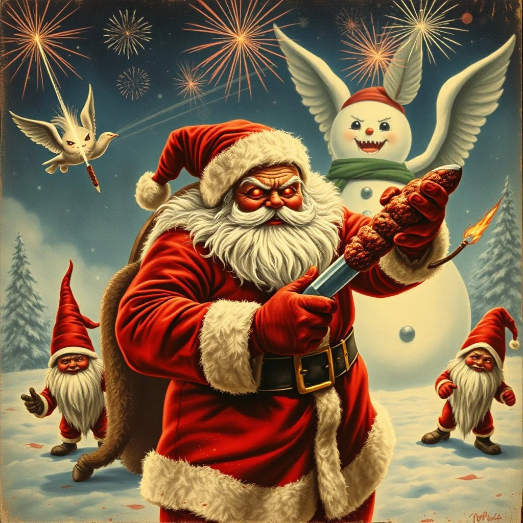 there is no kebabs at christmas, evil Santa, evil gnomes running around, staring flaming eyes, evil Rudolf, very big evil angry Frosty the snowman in background, kebabs and kebab, 1940 christmas postcard, blood stains, Flying angel Cherubs, Santa holding a knife, fireworks